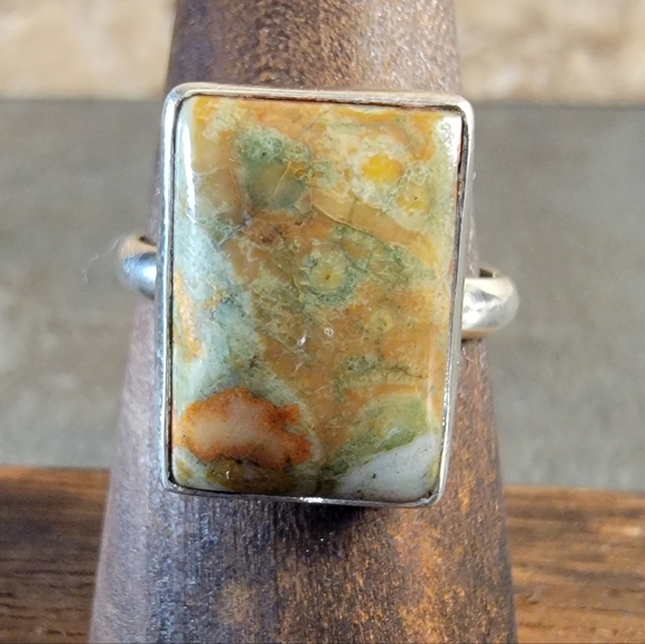 Vintage Jewelry - Native Rainforest Jasper Gemstone Ring 7.5 Sterling Silver 925 Chalcedony Stone